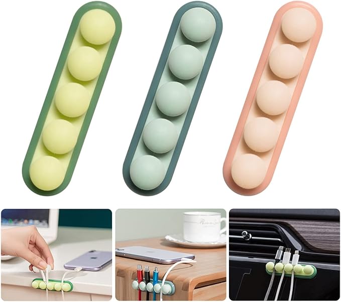 Cute Pea Cable Clips, USB Cable Organizer, Charging Cord Holder, Wire Management for Car Office Desk Workbench Bedroom Bedside Nightstand (3-Pack)