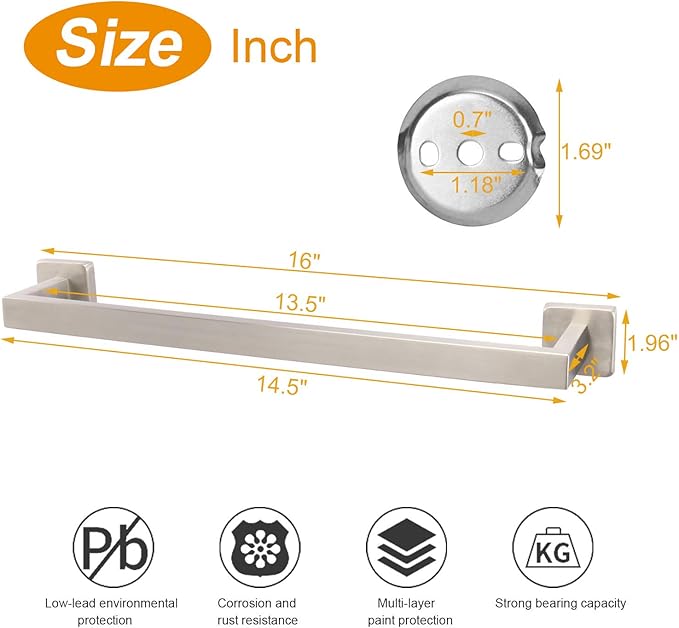 TocTen Bath Towel Rack - Square Base Thicken SUS304 Stainless Steel Towel Bar for Bathroom, Bathroom Accessories Towel Rod Heavy Duty Wall Mounted Towel Holder. (Brushed Nickel, 16)