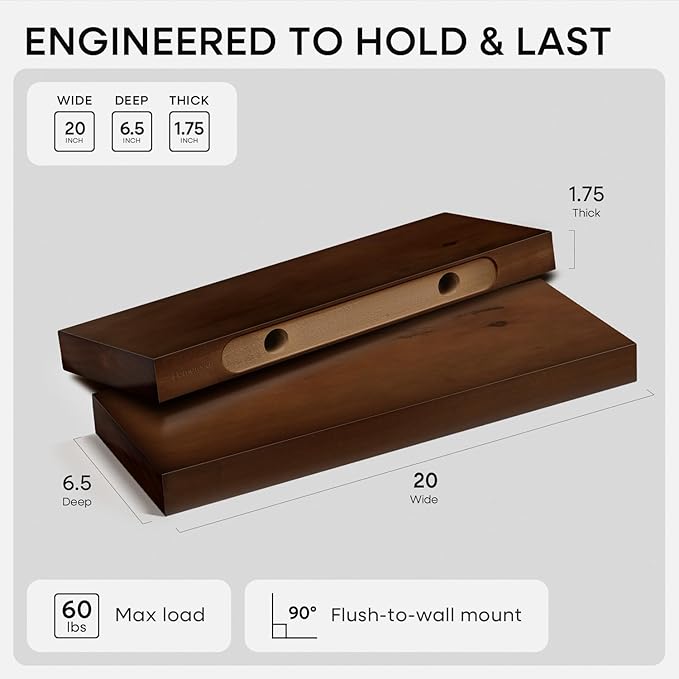 Homeforia Walnut 20 inch Floating Shelf, High End Solid Real Wood 20inch Floating Shelves for Wall Mounted, Dark Brown 20 inches Long Floating Shelves, Heavy Duty Bracket, 20 X 6.5 X 1.75 in, Set of 2