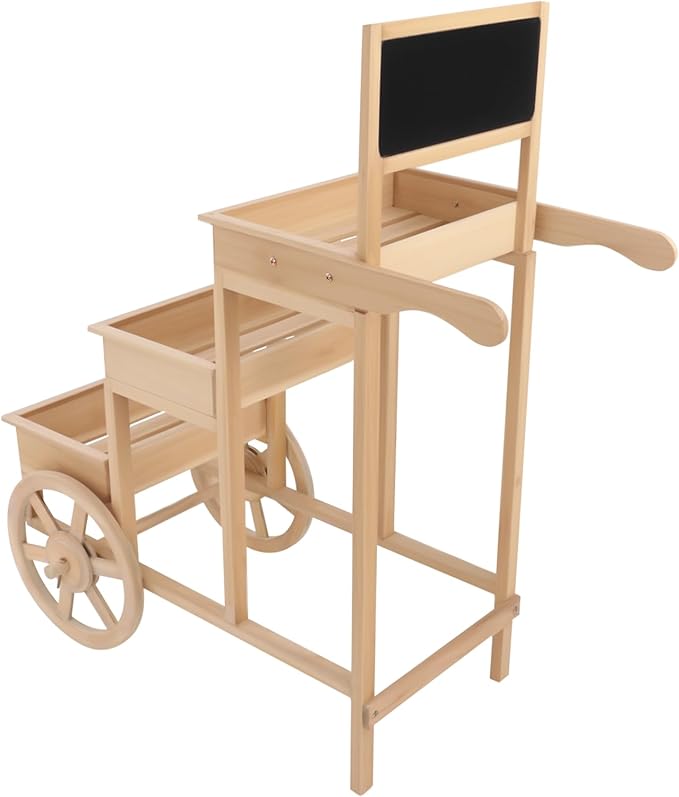 Flower Display Stand | 3-Tier Wood Flower Cart | Flower Cart Display Stand with Wheels | Ladder Shaped Plant stand | Market flower display Stand | Handle & Blackboard (Wood Color)