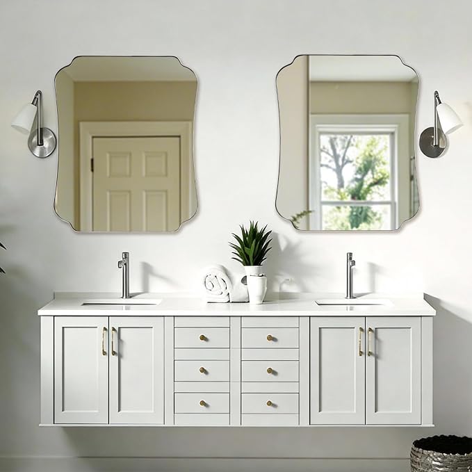 ANDY STAR Brushed Nickel Mirror 30x36 Inch, Bathroom Mirror for Wall, Large Scalloped Wall Mirror in Anti-Rust Stainless Steel Metal 1’’ Frame