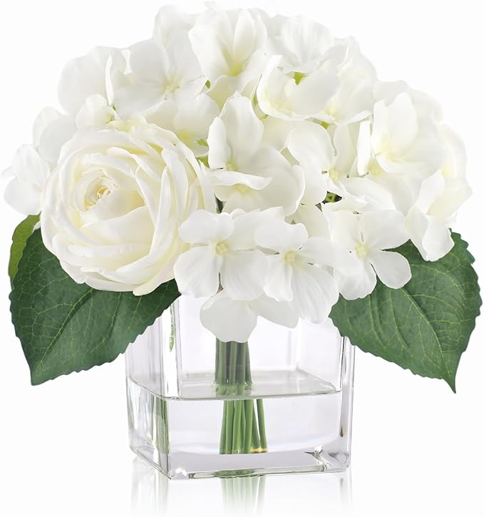 WELL KNOWN Fake Flowers in Vase, Hydrangea Rose Artificial Flowers with Fake Water in Glass Vase Realistic Silk Faux Floral Centerpiece for Coffee Table Office Dining Room Wedding Home Decor - White
