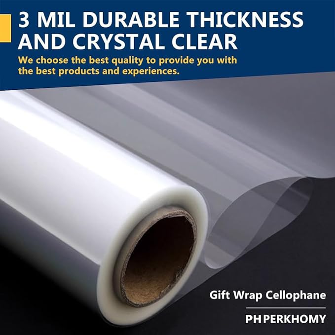 PerkHomy Folio Clear Cellophane Wrap Roll 32" x 50' Folded 3 Mil Thick Cellophane For Gift Basket Treats Goodie Wrapping Craft Flower Bouquet Plastic (32" fold into 16")