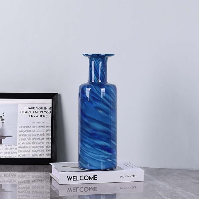 Hand Blown Glass Vase Cobalt Blue Swirl – Murano Style Art Glass Vase with Wide Mouth for Flowers, Unique Bubble Vase, Coastal Blue Glass Decor for Dining Table, Living Room, Entryway Accent (Blue)