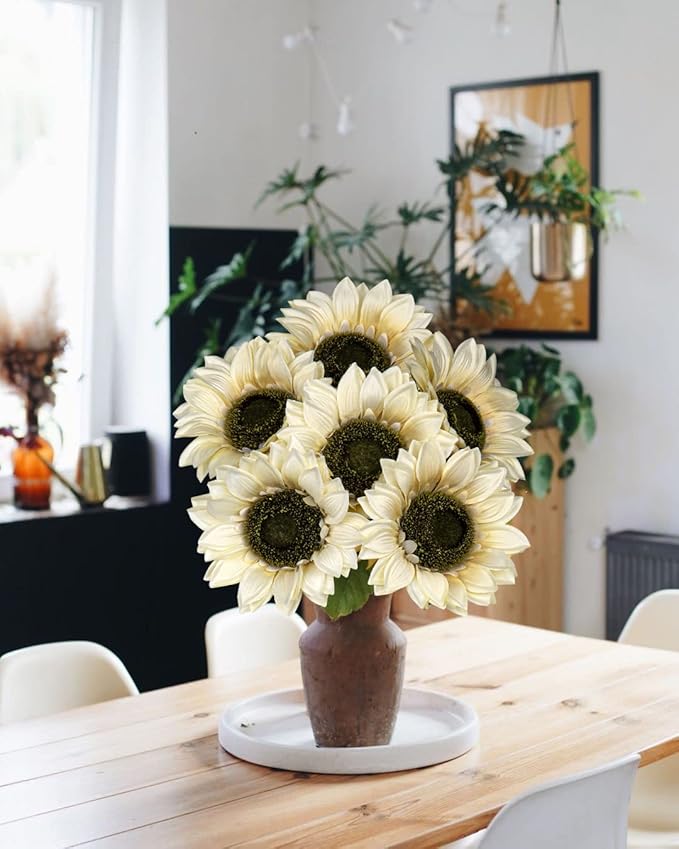 Hollyone Large Silk White Sunflowers Artificial Flowers 26" Long Stem Sunflowers Fake Flowers 6PCS Faux Vintage Fall Sunflowers Bouquet Bulk for Home Wedding Birthday Party Centerpieces Decorations