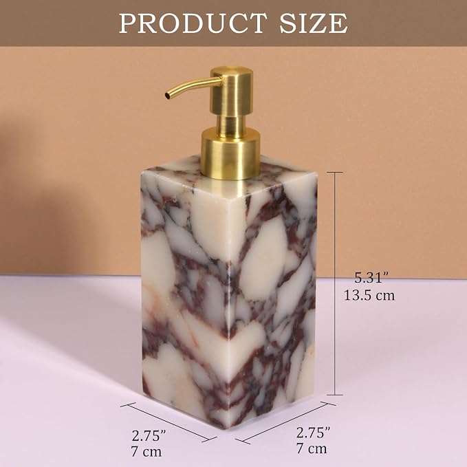 Natural Marble Soap Dispenser for Bathroom and Kitchen Countertop - 5.41 Ounces Hand Lotion and Liquid Stone Shampoo Laundry Bottle with Pump (1, Calacatta Viola, Rectangular Bottle)