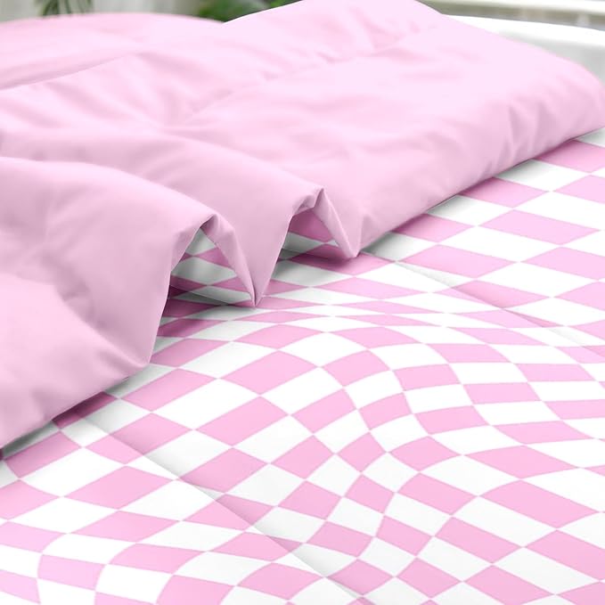 Comforter Set Full Size, Pink White Geometric Checkerboard 7 Pcs Bedding for Kids and Adults, Chess Checkered Bedding Sets with Fitted Sheet 2 Pillowcase & 2 Sham for Bedroom Bed Decor