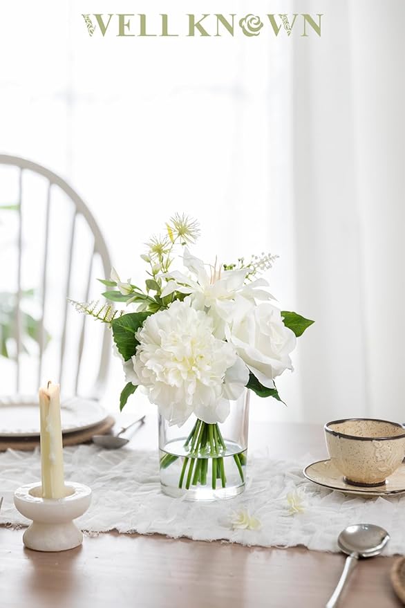 WELL KNOWN Artificial Flowers in Glass Vase with Fake Water, Silk Peony Rose Flower Bouquet for Home Dinning Tea Table, Office Desktop, Hotel, Wedding, Party, Lavatory Decor & Gift (Ivory White)