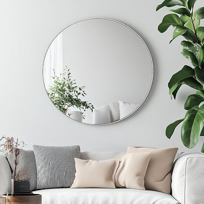 Oruii Silver Round Mirror, Round Mirror 24 inch Brushed Nickel, Circle Wall Mirrors Metal Frame, Silver Circular Mirrors for Bathroom, Wall, Living Room, Entryway, Hallway, Vanity, Rustic