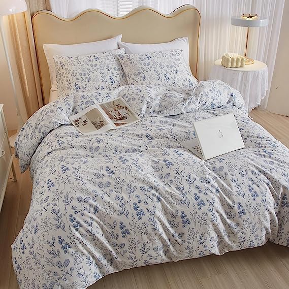 LifeTB Boho Floral Duvet Cover King Soft Cotton Blue Floral Bedding Sets Vintage Style Chic Flower Botanical Comforter Cover Aesthetic Floral Bedding Sets Cotton King Duvet Cover with Zipper Closure