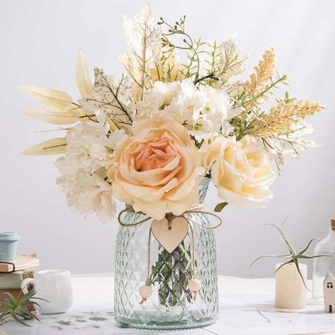 Silk Rose Flowers in Vase, Artificial Flowers Arrangement with Glass Vase Faux Hydrangea Rose for Decoration Table Centerpiece (Hydrangea Rose)