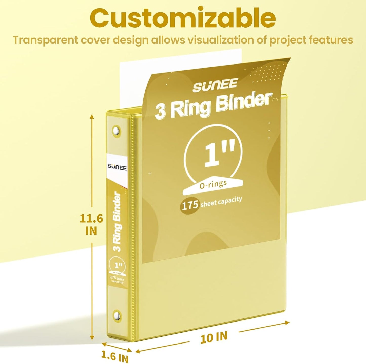 SUNEE 3 Ring Binder - 1 Inch Clear View PVC-Free Binder | Fits 8.5x11 Inches - Yellow for School or Office