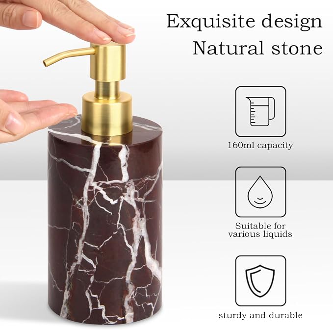 Natural Marble Soap Dispenser for Bathroom and Kitchen Countertop - 5.41 Ounces Hand Lotion and Liquid Stone Shampoo Laundry Bottle with Pump (1, Rosso Lepanto, Cylindrical Bottle)