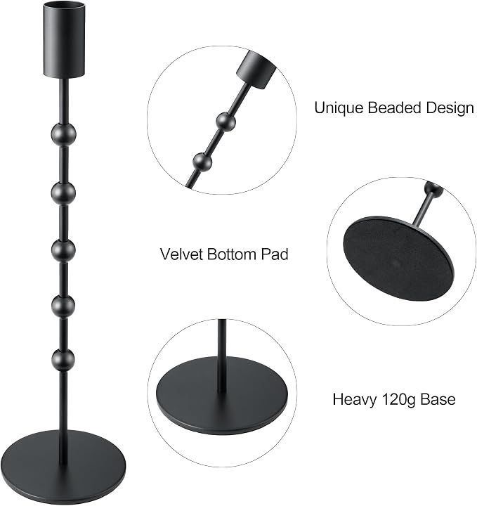Black Candlestick Holders, Beaded Metal Taper Candle Stick Holders, Set of 3 Candle Holder for Fall Decorations, Tapered Candle Holders, Thanksgiving Table Centerpiece, Halloween Gothic Decor