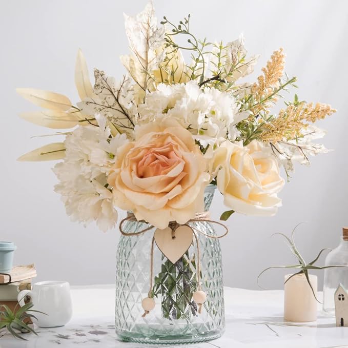 Silk Rose Flowers in Vase, Artificial Flowers Arrangement with Glass Vase Faux Hydrangea Rose for Decoration Table Centerpiece (Hydrangea Rose)