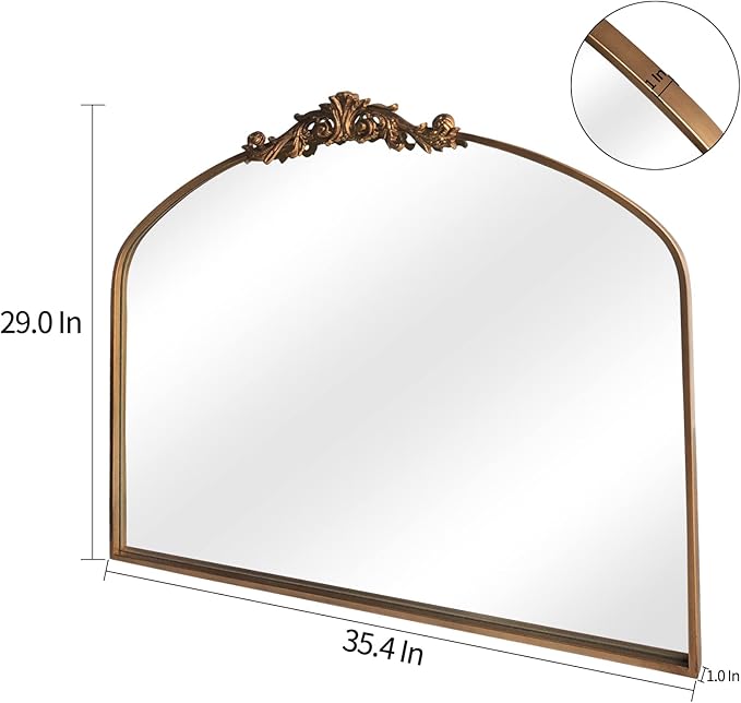 OUSHUAI Gold Arched Mirror,Baroque Brass Fireplace Mirror Decor, Victorian Vintage Mirrors with Full Matel Frame,Ornate Mirrors for Entryway/Bathroom/Living Room/Hallway 36"X30"
