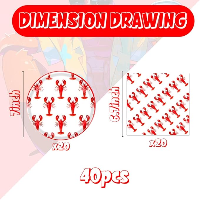40Pcs Crawfish Boil Party Supplies Lobster Birthday Decorations Disposable Paper Plates and Napkins Set Seafood Boil Party Supplies for Birthday Baby Shower Dccorations