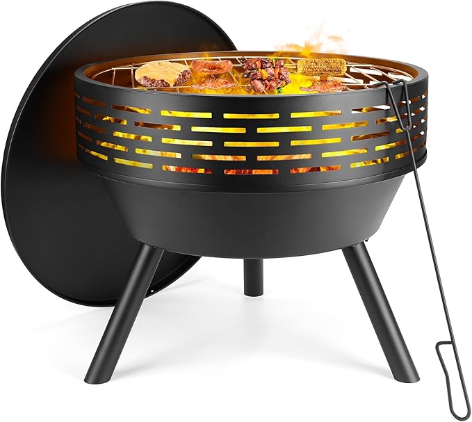 PWSOMJ 23 Inch Cast Iron Round Fire Pit with Grill, 3-in-1 Outdoor Fire Bowl, Fire Pit Table with Metal Lid and Fire Poker, Wood Burning Firepit for BBQ Bonfire Patio Picnic
