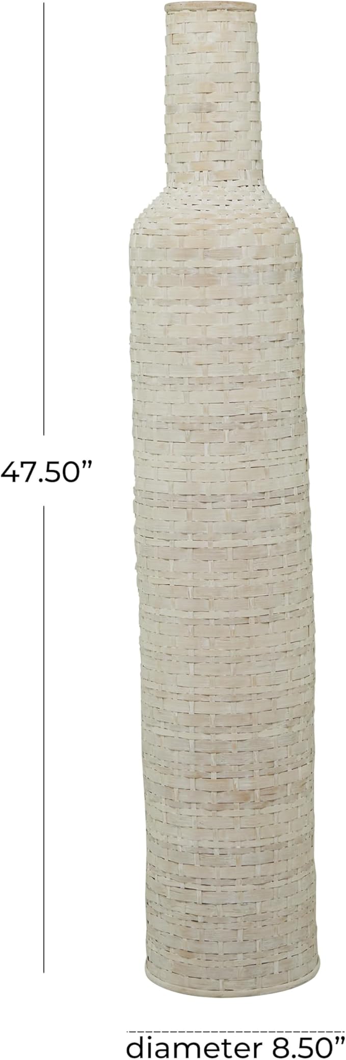 Deco 79 Bamboo Wood Decorative Vase, Tall Woven Floor Centerpiece, Round Vase for Home Decoration, White and Beige, 9" x 9" x 48"