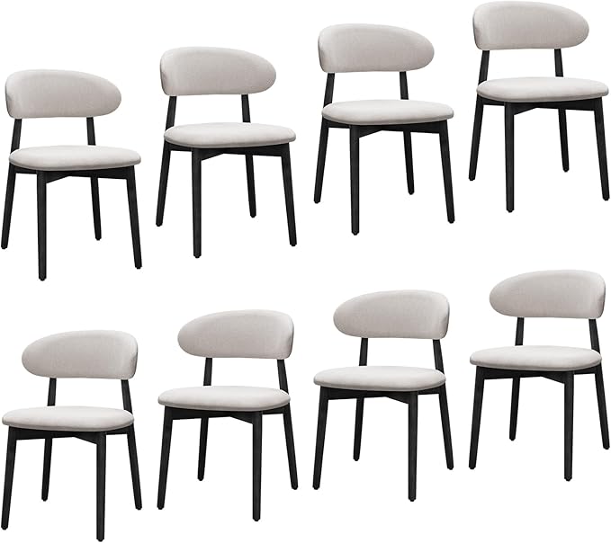 Farmhouse Dining Chairs Set of 8,Mid Century Modern Fabric Upholstered Kitchen Chairs,Wooden Dining Room Chair with Curved Back Black Leg for Kitchen Dining Room Restaurant Cafe,Linen Gray,Only Chairs