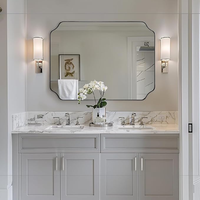 ANDY STAR Brushed Nickel Mirror 30x40 Inch, Rectangle Bathroom Mirror for Wall, Large Scalloped Wall Mirror in Anti-Rust Stainless Steel Metal 1’’ Frame, Wall Mounts Horizontally or Vertically