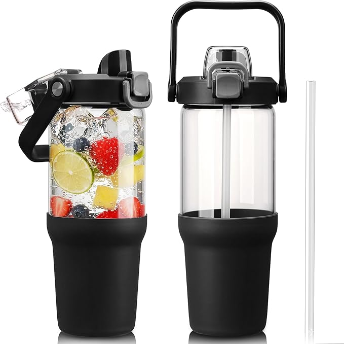 Glass Tumbler with Carry Handle, Clear Glass Water Bottle with Leakproof Lid, Spout Lid&Straw, BPA-Free, 32 oz, Black