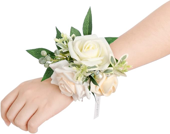 Ling's moment 2pcs Homecoming Wrist Corsage Artificial Flowers, Girl/Mother Corsages Wristlet Décor for Prom/Wedding/Anniversary, etc. White Ivory