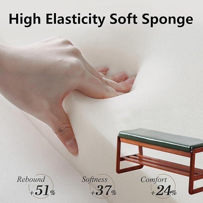 SOBIBO Solid Wood Shoe Bench, 2-Tier Wooden Entryway Bench, Modern Shoe Rack with Faux Leather Cushion for Hallway, Living Room (Green, 21.65'')