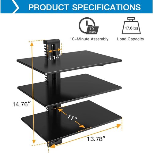 Perlesmith Floating Wall Mounted Shelf | Strengthened Tempered Glass - Holds 16.5lbs - Ideal for DVD Players & Cable Boxes