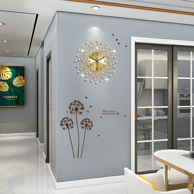 Large Wall Clocks for Living Room Decor Modern Gold Silent Wall Clock Battery Operated Non-Ticking for Bedroom Kitchen Home Decorative 14 Inch Round Metal Crystal Wall Watch for Office