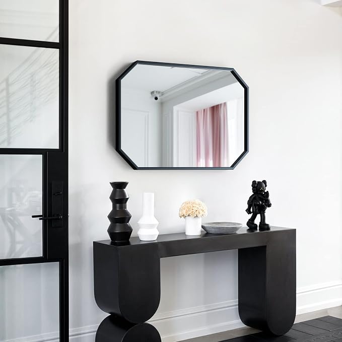 20"x28" Octagon Metal Mirror, Farmhouse Black Bathroom Mirror, Rectangle Wall Mounted Vanity Mirror Hanging for Bedroom Entryway Living Room Farmhouse Horizontal/Vertical