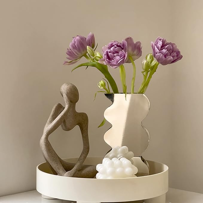 Modern Wavy Acrylic Flower Vase, Mirror Effect Design, Silver, Decorative Home Office Centerpiece, 7.9x4.1x2 Inch