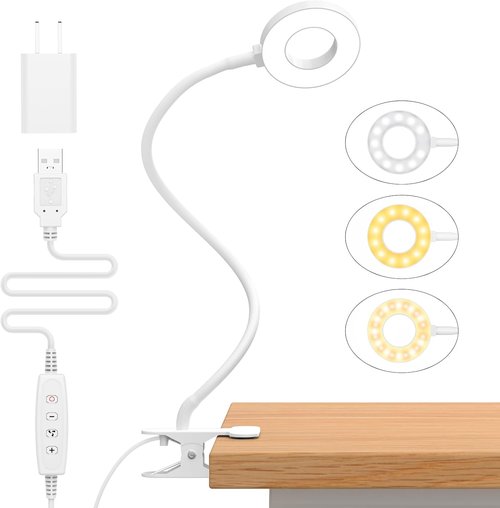 iZELL USB Clamp Reading Light - Adjustable LED Desk Lamp with Silicone Arm for Kids - 15.8’’ White