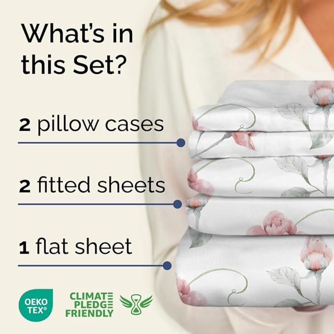 Floral Sheets - Floral Rose Bed Sheet Set - 1 Flat, 2 Fitted & 2 Pillowcases w/ Deep Pockets - Wrinkle & Fade Free - Boho Botanical Bedding - Ultra-Soft, Breathable and Cooling - Split King Size Set