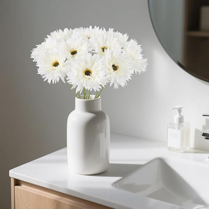 12pcs Gerbera Daisy Artificial Flowers 17.7’’ White Faux Daisies Silk Flowers with Stems for Wedding Bouquet Home Party Garden Outdoor Decoration(White)