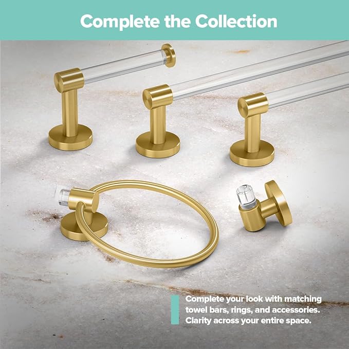 Gatco 5730 Clarion 24" Bathroom Towel Bar, Brushed Brass, Wall-Mounted Towel Rack, Crystal-Clear Acrylic Modern Bathroom Accessory