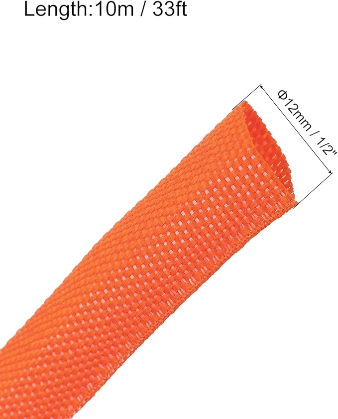 MECCANIXITY Braided Cable Sleeves Heat Shrinkable Fabric Sleeving, 1/2" 33ft Orange 2:1 Ratio Heat Shrinkable Cord Protector for Harness Cable, Network Cable Protection, Cable Management