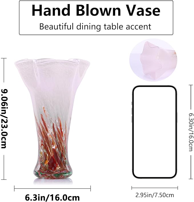 9.0" H Pink Glass Vases for Flowers, Hand Blow Glass Vase Pink Home Decor, Wide Mouth Red Flower Vase Centerpieces, for Bookshelf,Dinner Table,Indoor Office Desktop,Meeting Room,Bathroom,Countertop