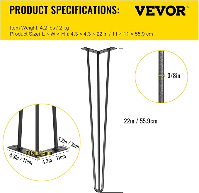 VEVOR Hairpin Table Legs 22" Black Set of 4 Desk Legs 880lbs Total Load Capacity Hairpin Desk Legs 3 Rods for Bench Desk Dining End Table Chairs Carbon Steel DIY Heavy Duty Furniture Legs