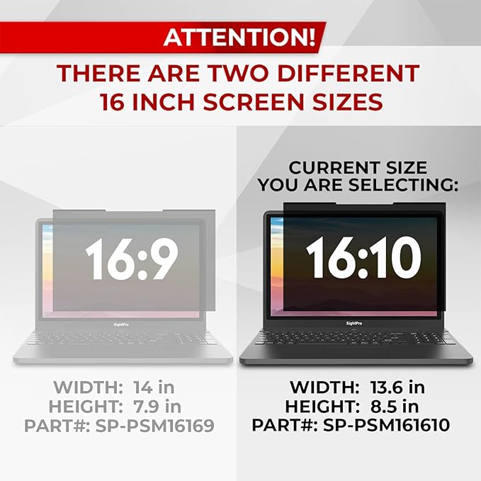SightPro Magnetic Laptop Privacy Screen 16 Inch 16:10 - Patented Removable Computer Privacy Filter Shield and Protector
