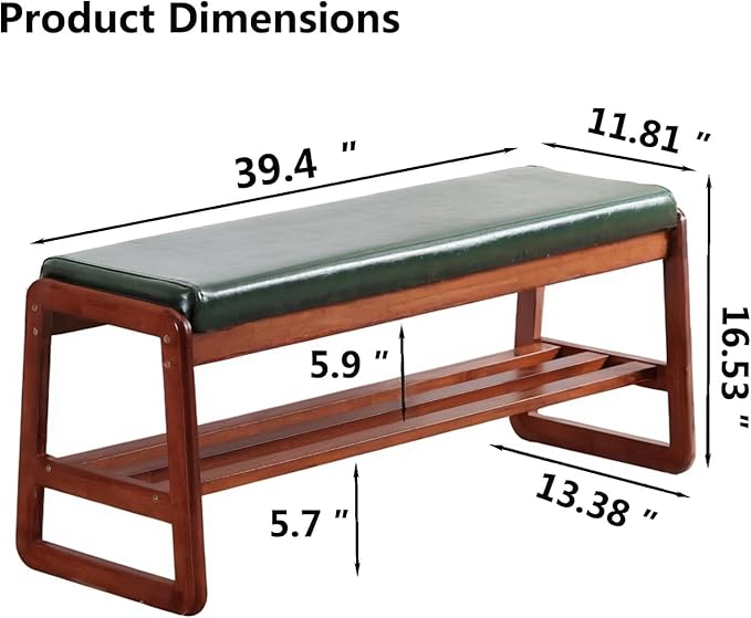 SOBIBO Solid Wood Shoe Bench, 2-Tier Wooden Entryway Bench, Modern Shoe Rack with Faux Leather Cushion for Hallway, Living Room (Green, 39.4'')
