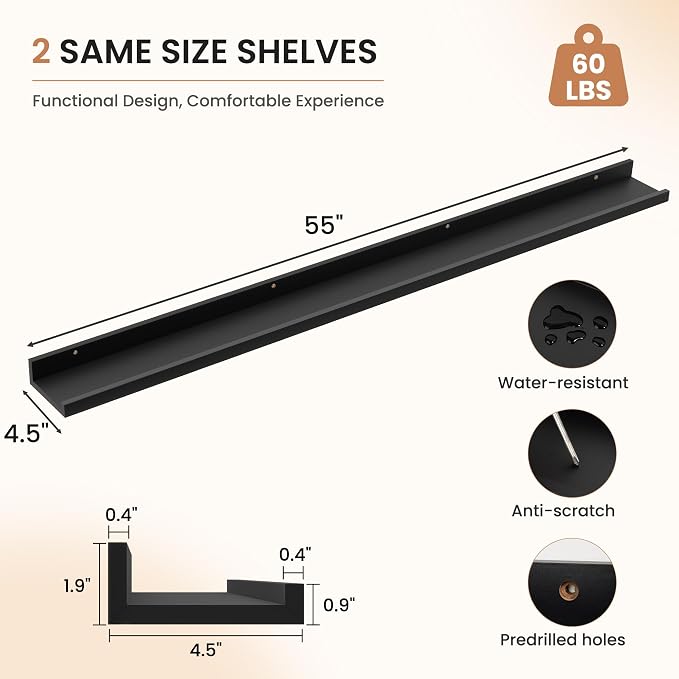 Dreamland Picture Ledge Shelf for Wall, Floating Shelves Set of 2,55 inch Long Floating Shelves with Lip for Living Room,Bedroom,Bathroom,Kitchen,Black