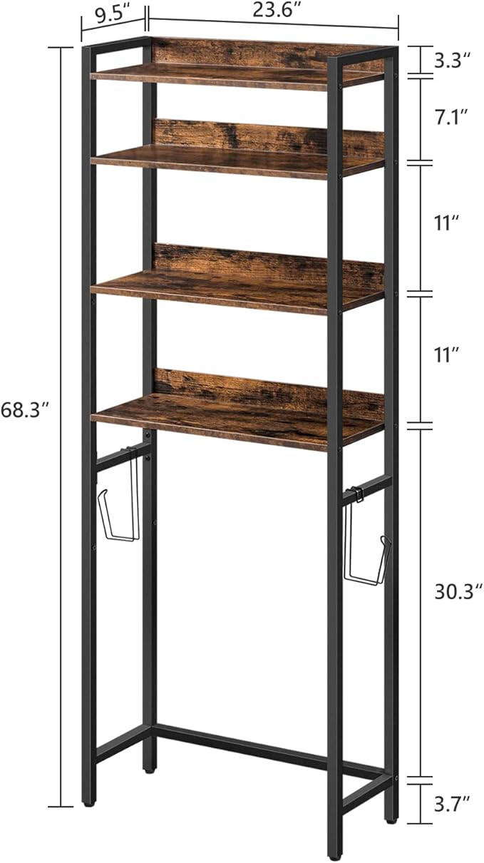 MAHANCRIS Over The Toilet Storage Rack, 4 Tier Bathroom Organizer Over Toilet, Freestanding Space Saver Toilet Stand with 2 Hooks, Bathroom Storage Shelf, Easy to Assemble, Rustic Brown TSHR0401Z