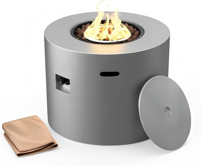 32 Inch Propane Fire Pit Table, 50,000 BTU Round Outdoor Fire Table, Alloy Steel Gas Fire Pits with Waterproof Cover, Lava Rocks and Lid, CSA Certified, for Patio, Deck, Backyard, Gray