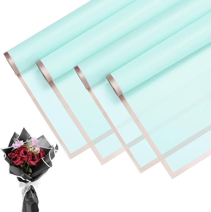 M METERXITY 20 Sheets Flower Wrapping Paper Bouquet, 23 Inch Light Blue Gold Edge BOPP Waterproof Floral Wrapping Paper Flower Packaging DIY for Wedding/Party/Birthday/Gift Bouquet Wrap Paper