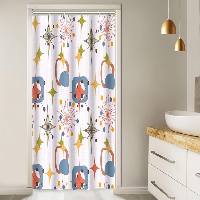 Mid Century Shower Curtain, 36x72inch, Modern Abstract Retro Pink Striped Geometric Shower Curtain Sets 1950s Boho Bathroom Shower Curtain with 6 Hooks