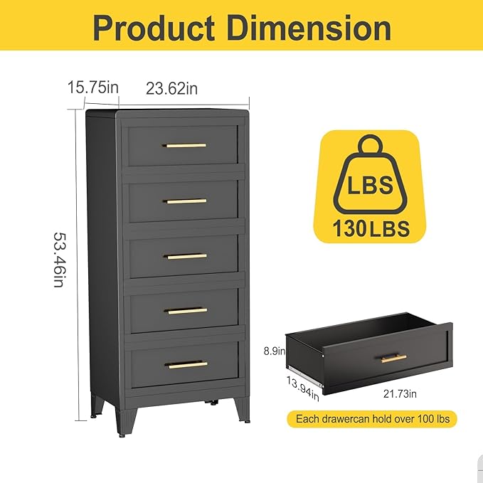 5 Drawers Dresser for Bedroom, 53.46" Tall Metal Dressers & Chest of Drawer Curved Corner Design, Storage Organizer Drawer Chest with Large Capacity for Living Room, Entryway, Hallway, Black