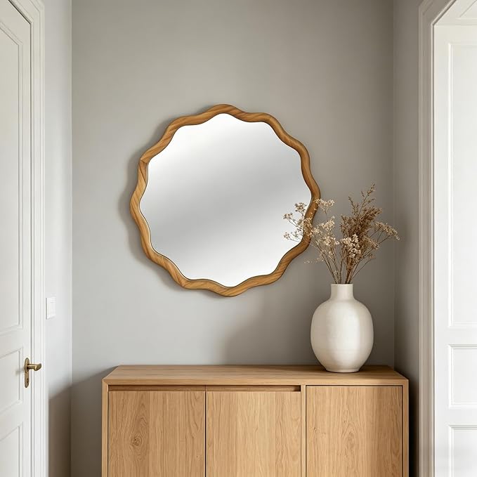 24" Wavy Edge Round Mirror, Solid Wood Framed Wall Decor with Clear Reflection for Bathroom, Bedroom, Living Room & Entryway (Oak)