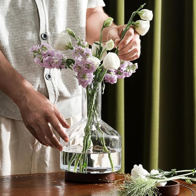 Decorative Glass Vase with Wooden Base, Modern Design for Fresh Flowers, Home and Office Decor