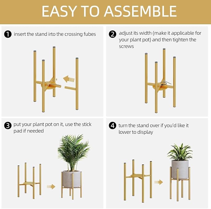 Adjustable Metal Plant Stand Indoor, Fits 8-14 Inch Pots, Mid Century Modern Gold Planter Holder,2 Heights, Heavy Duty 160 lb, Indoor Outdoor Corner Floor Pot Stand, Golden with Round Plate